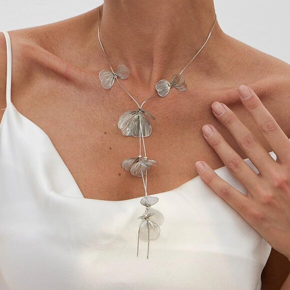 Women's Silver Ginkgo Leaves Choker Statement Long Tassel Beachy Party Necklace - Picture 7 of 9